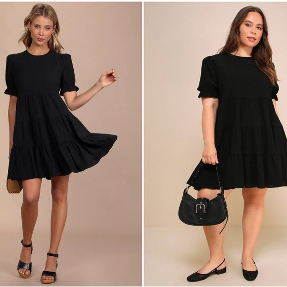 Small Lulus Favorite Day Black Puff Sleeve Tiered Mini Dress - Picture 1 of 11